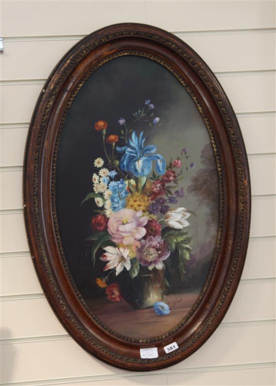 Jays, pair oils on panel, Floral studies, signed, oval, 66.5 x 39cm